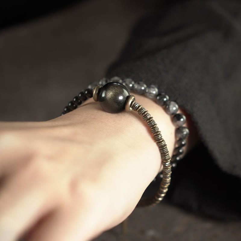 Bracelet de protection double tour en obsidienne dorée