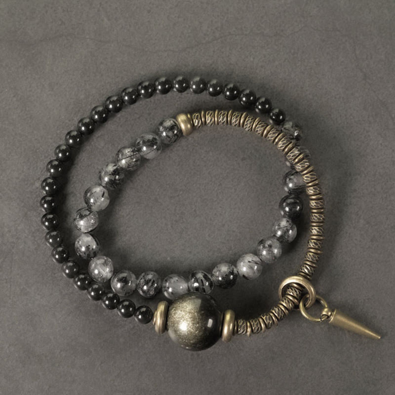 Bracelet de protection double tour en obsidienne dorée