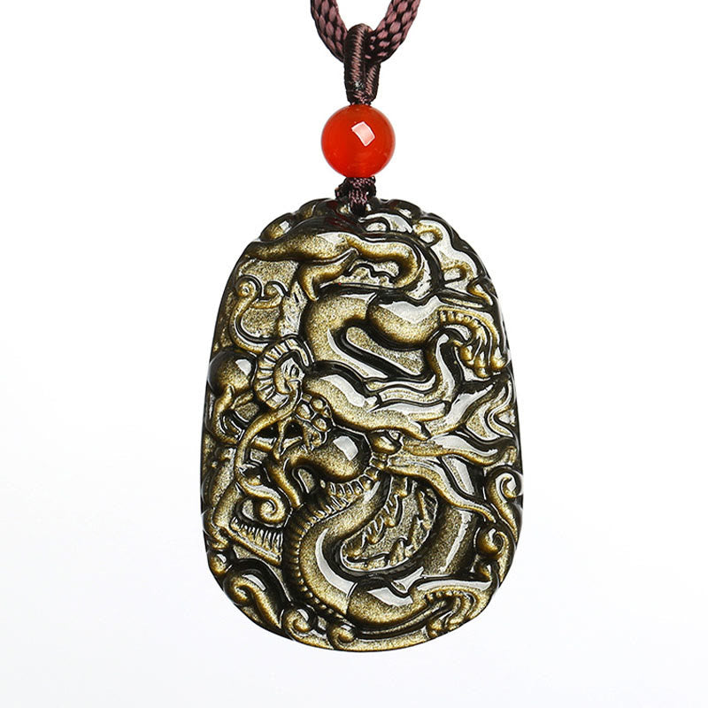 Collier dragon en obsidienne dorée pour le succès et le pouvoir