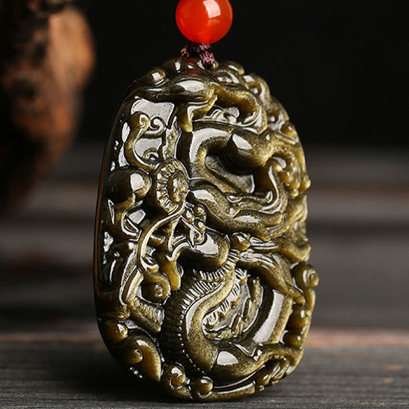 Collier dragon en obsidienne dorée pour le succès et le pouvoir