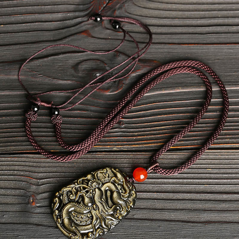 Collier dragon en obsidienne dorée pour le succès et le pouvoir