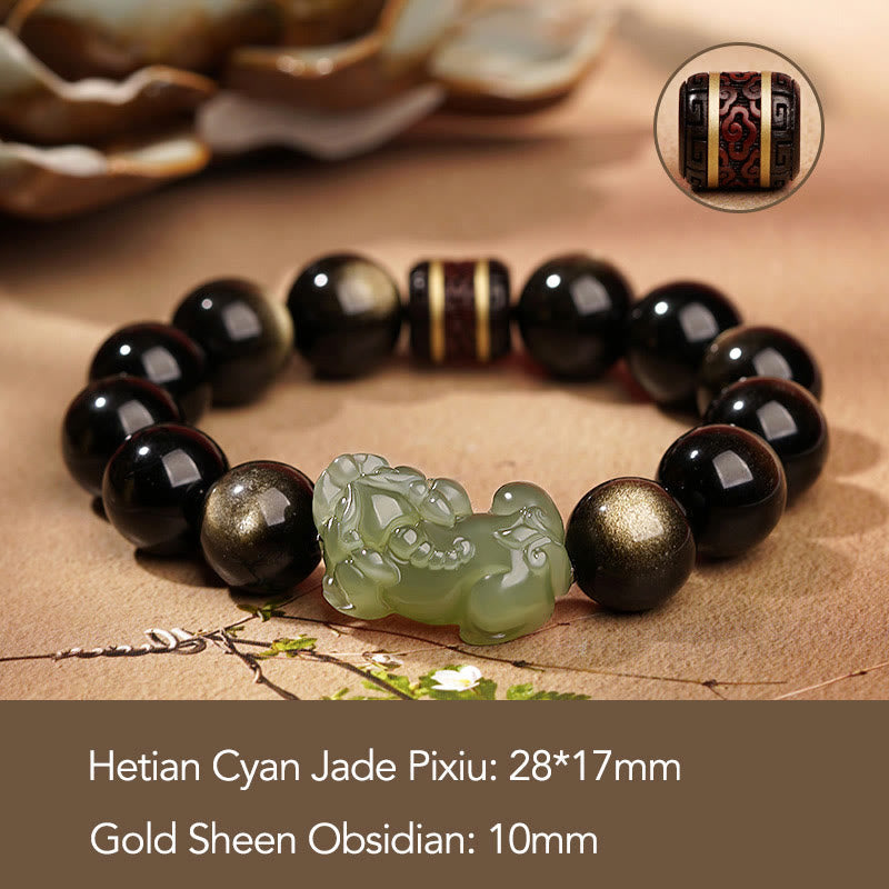 Bracelet Pixiu en obsidienne dorée brillante 14 mm pour homme