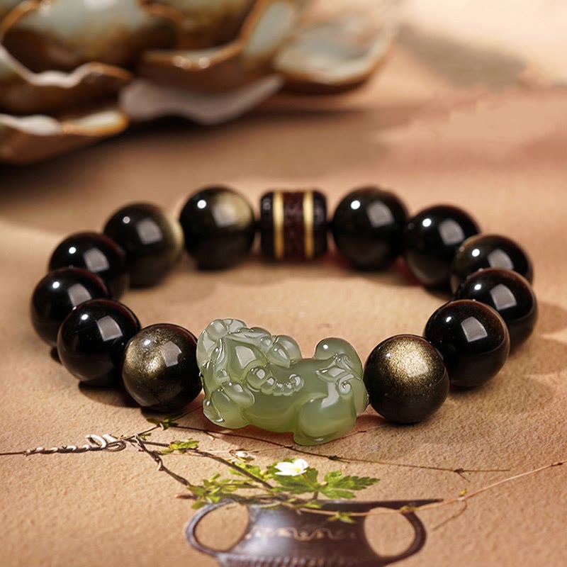 Bracelet Pixiu en obsidienne dorée brillante 14 mm pour homme