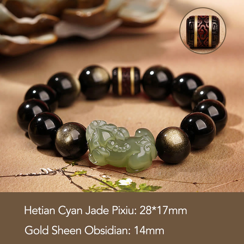 Bracelet Pixiu en obsidienne dorée brillante 14 mm pour homme
