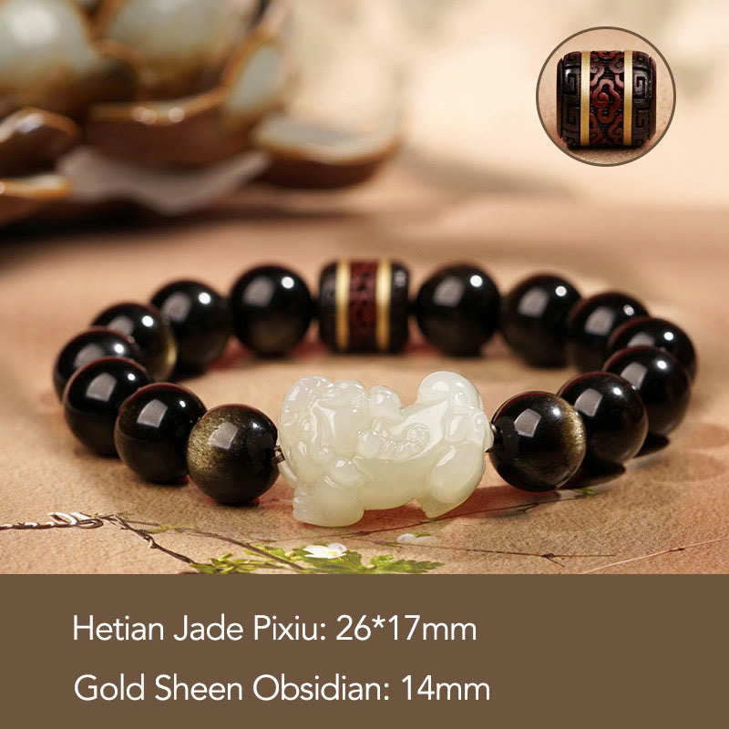Bracelet Pixiu en obsidienne dorée brillante 14 mm pour homme