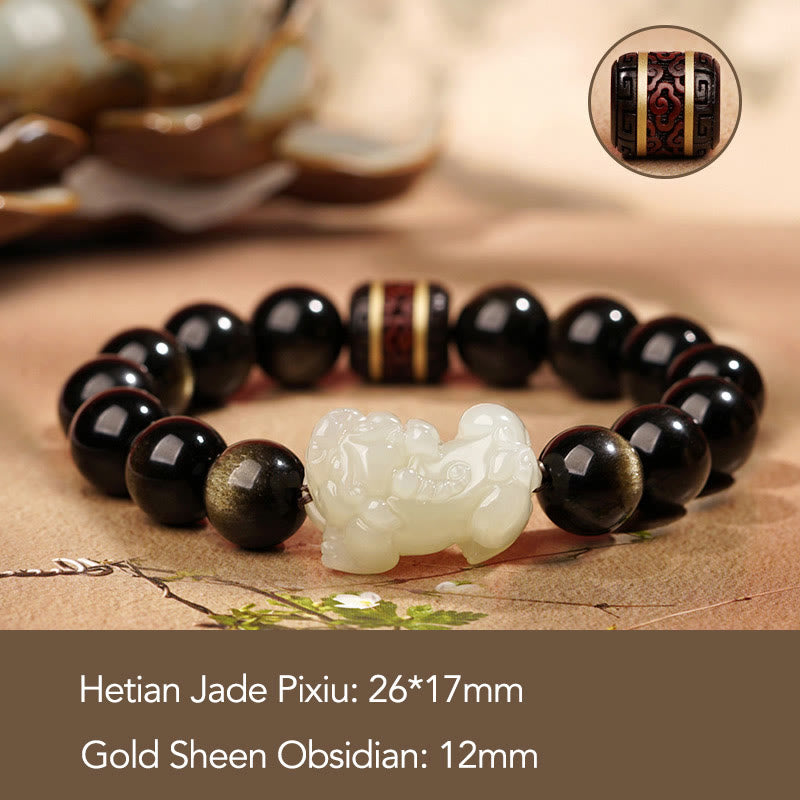 Bracelet Pixiu en obsidienne dorée brillante 14 mm pour homme