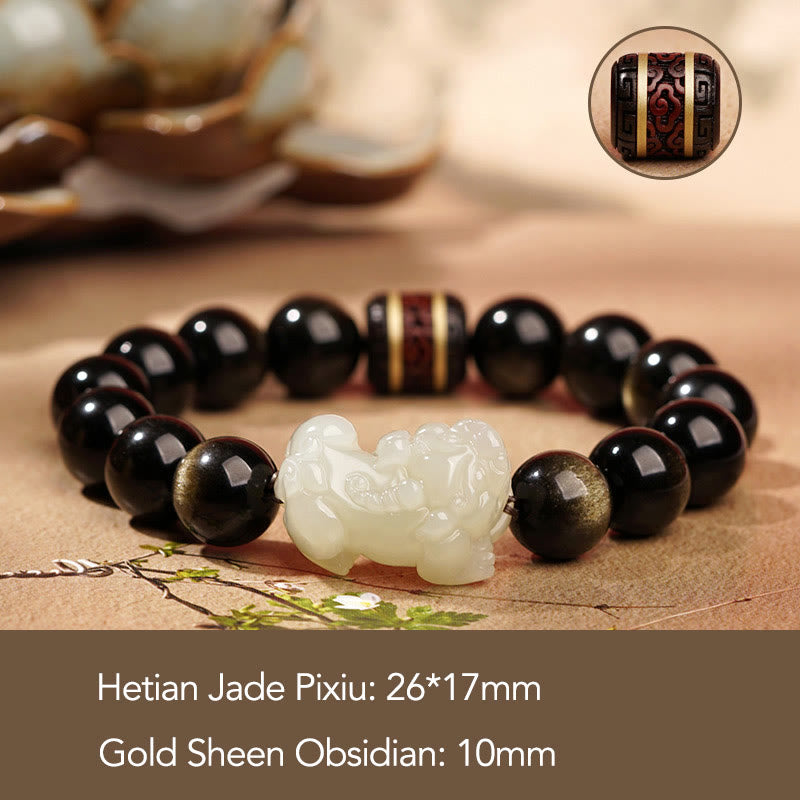 Bracelet Pixiu en obsidienne dorée brillante 14 mm pour homme