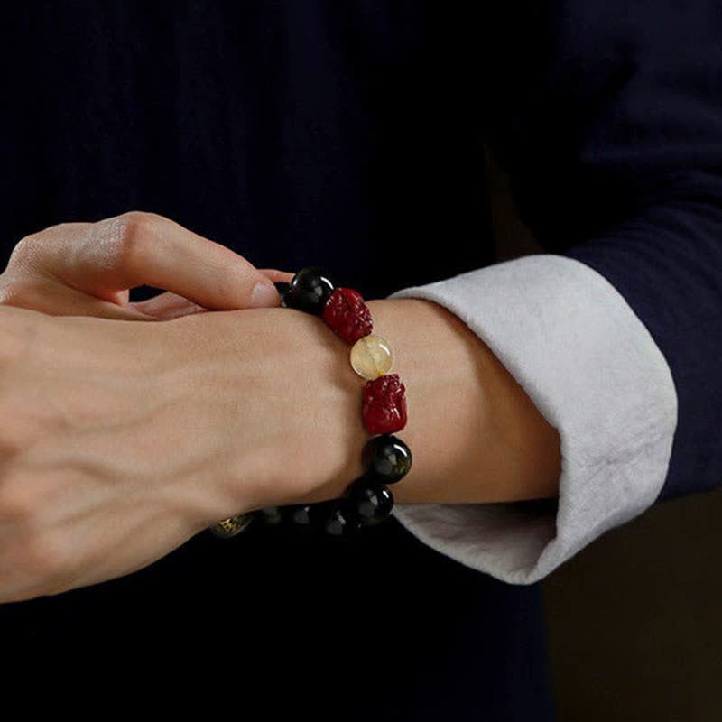 Bracelet de protection en obsidienne dorée et cinabre PiXiu 15-20 cm