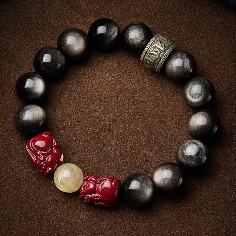 Bracelet de protection en obsidienne dorée et cinabre PiXiu 15-20 cm
