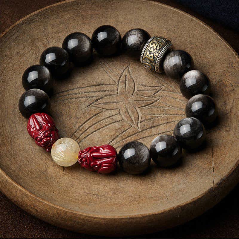 Bracelet de protection en obsidienne dorée et cinabre PiXiu 15-20 cm