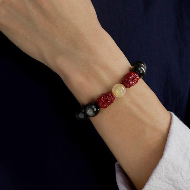 Bracelet de protection en obsidienne dorée et cinabre PiXiu 15-20 cm