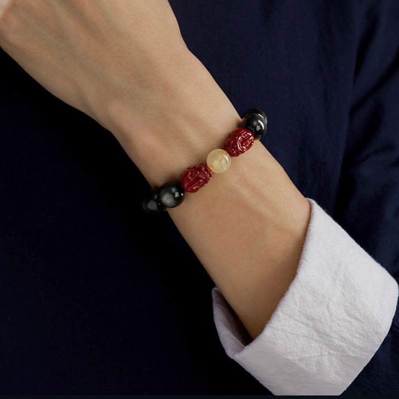 Bracelet de protection en obsidienne dorée et cinabre PiXiu 15-20 cm