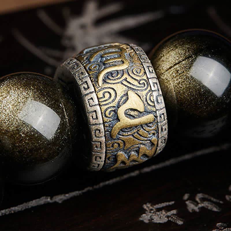 Bracelet de protection en obsidienne dorée et cinabre PiXiu 15-20 cm