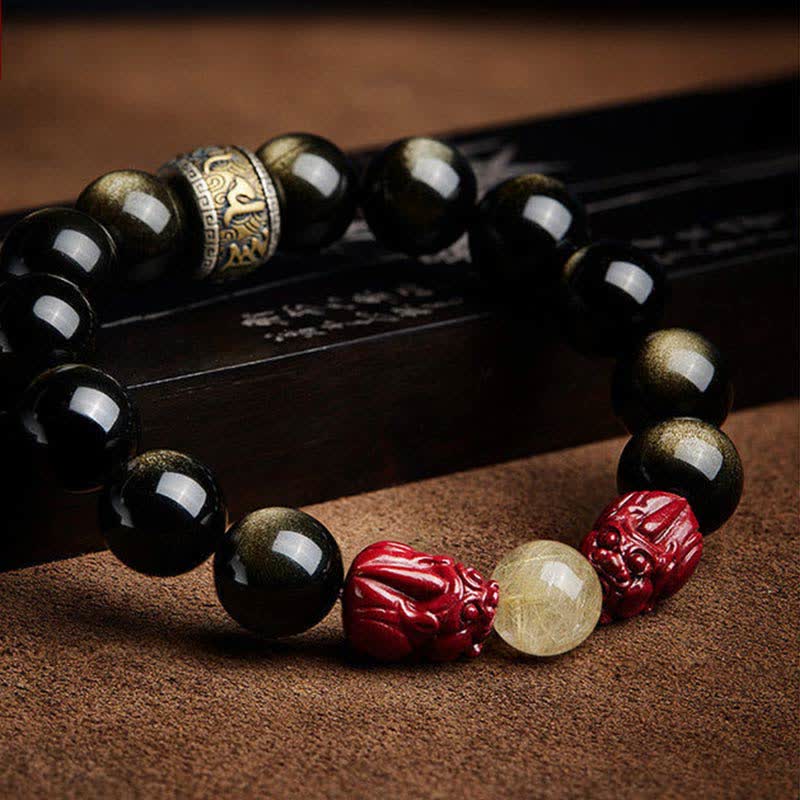 Bracelet de protection en obsidienne dorée et cinabre PiXiu 15-20 cm