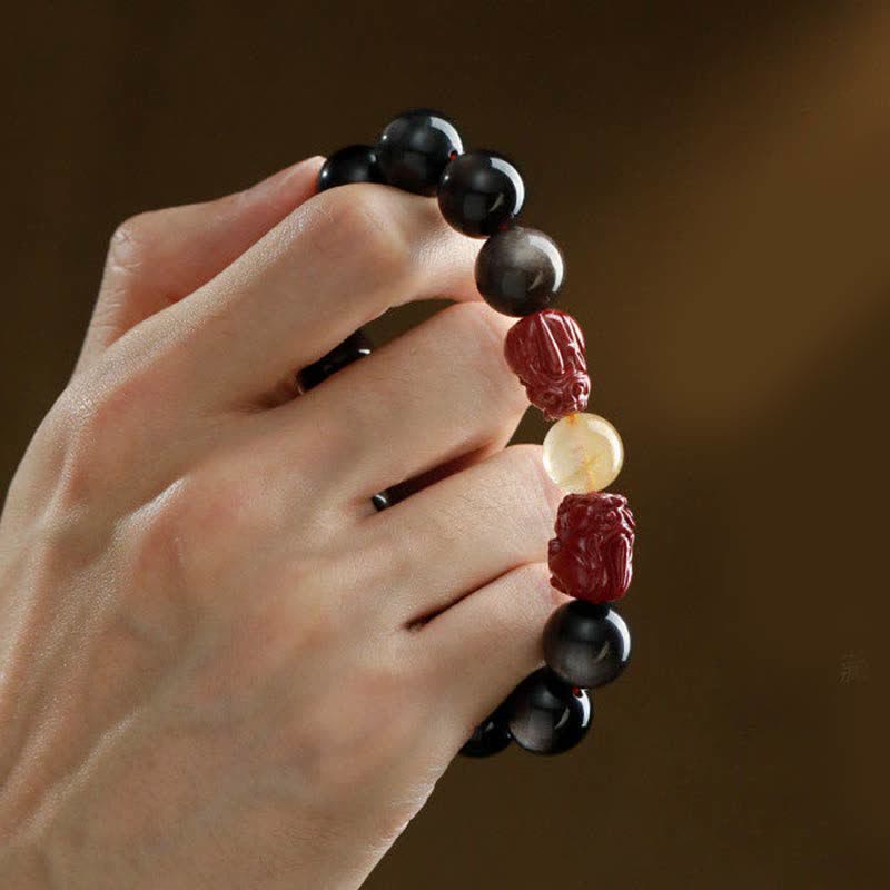 Bracelet de protection en obsidienne dorée et cinabre PiXiu 15-20 cm