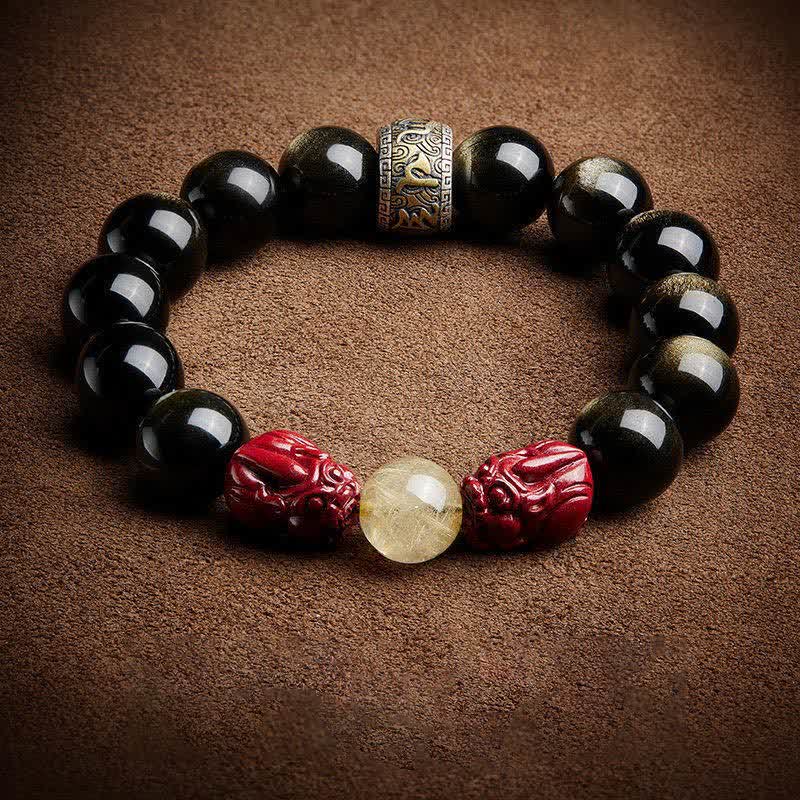 Bracelet de protection en obsidienne dorée et cinabre PiXiu 15-20 cm