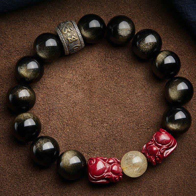Bracelet de protection en obsidienne dorée et cinabre PiXiu 15-20 cm