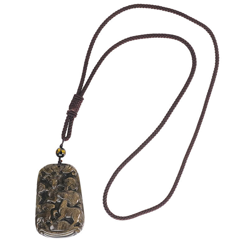 Collier avec pendentif porte-bonheur en obsidienne dorée et brillante, symbole des trois chèvres