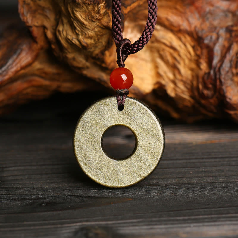 Collier de richesse en obsidienne dorée avec boucle Pixiu et Peace