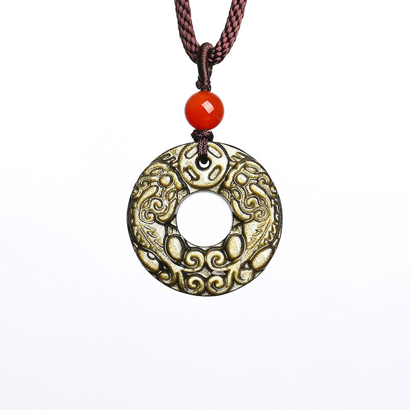 Collier de richesse en obsidienne dorée avec boucle Pixiu et Peace