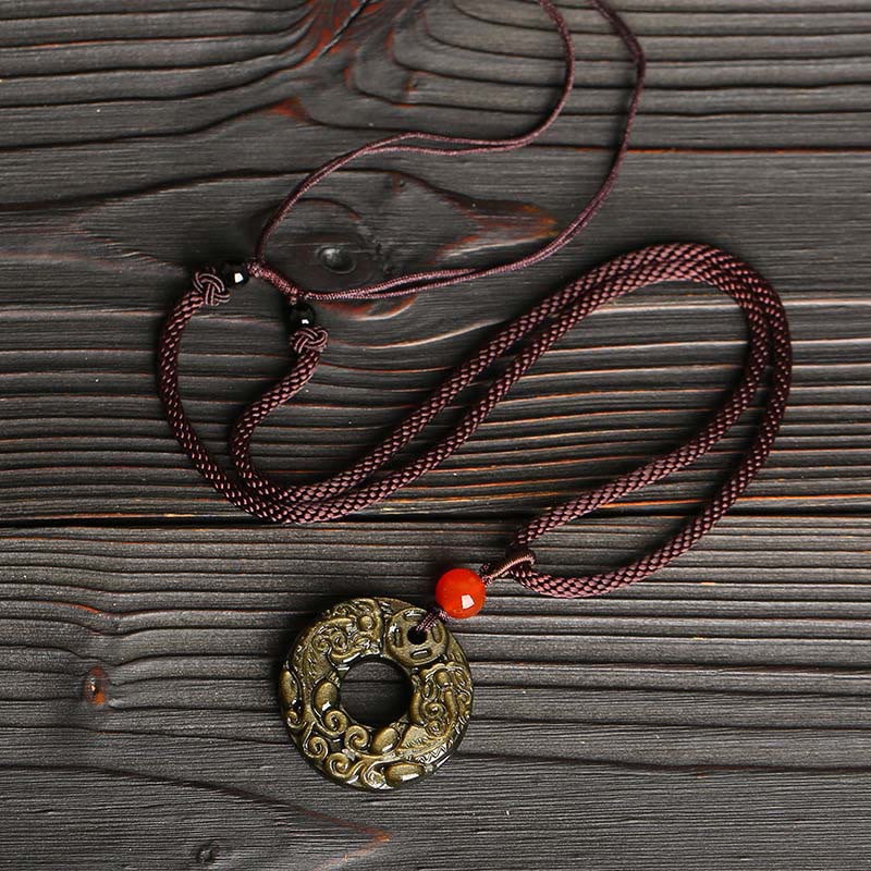 Collier de richesse en obsidienne dorée avec boucle Pixiu et Peace
