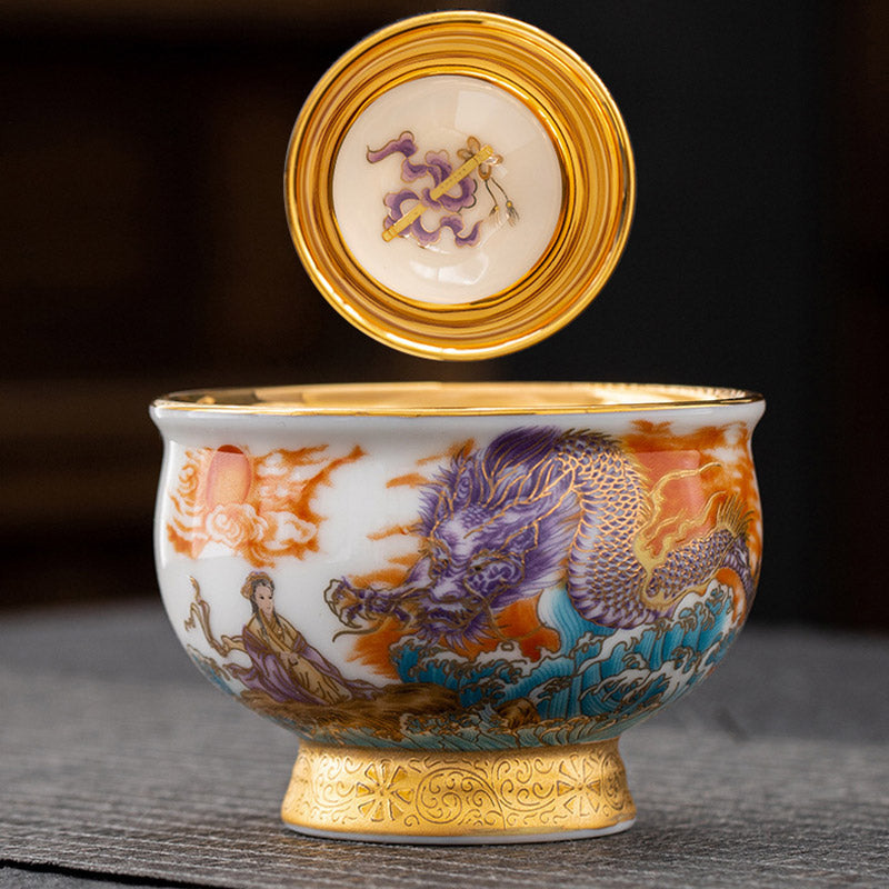 Service à thé en céramique dorée avec motif Aigle royal et Dragon de bon augure et coffret cadeau