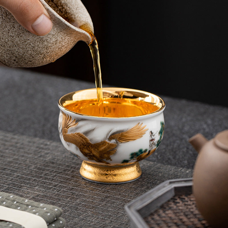 Service à thé en céramique dorée avec motif Aigle royal et Dragon de bon augure et coffret cadeau