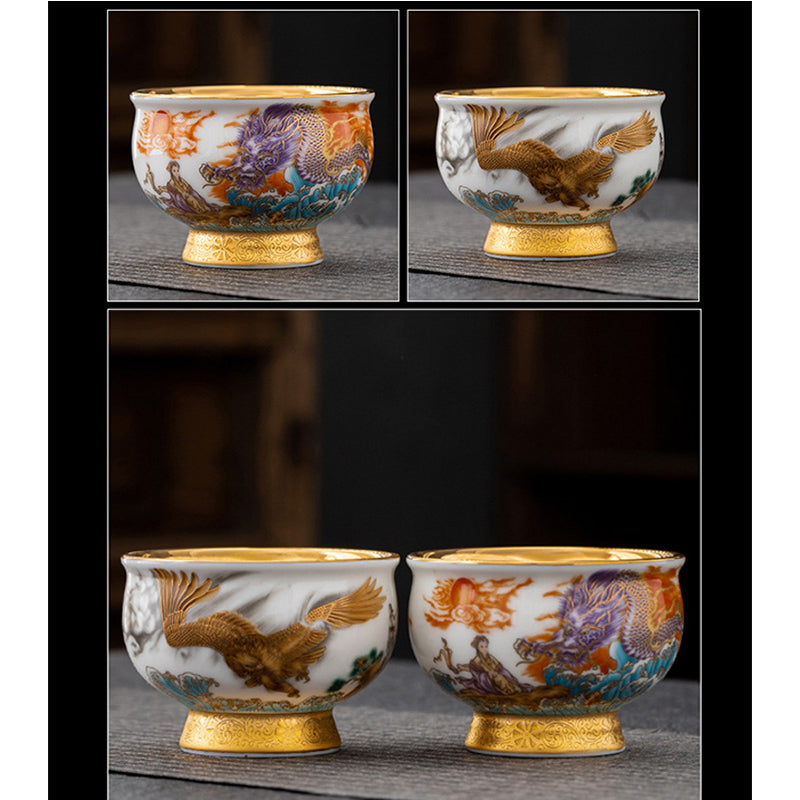 Service à thé en céramique dorée avec motif Aigle royal et Dragon de bon augure et coffret cadeau