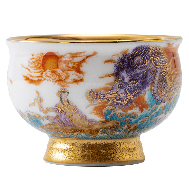 Service à thé en céramique dorée avec motif Aigle royal et Dragon de bon augure et coffret cadeau