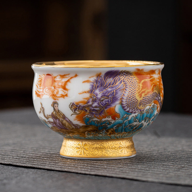 Service à thé en céramique dorée avec motif Aigle royal et Dragon de bon augure et coffret cadeau