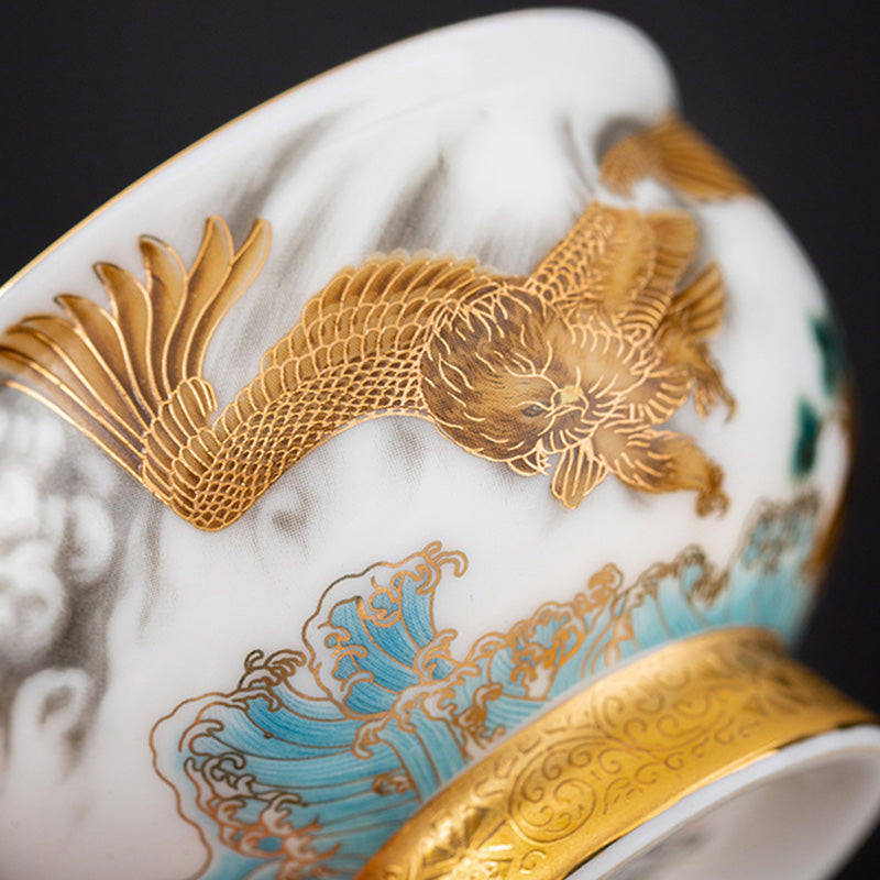 Service à thé en céramique dorée avec motif Aigle royal et Dragon de bon augure et coffret cadeau