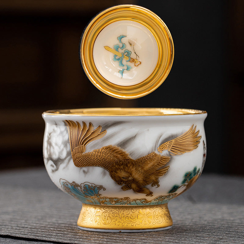 Service à thé en céramique dorée avec motif Aigle royal et Dragon de bon augure et coffret cadeau