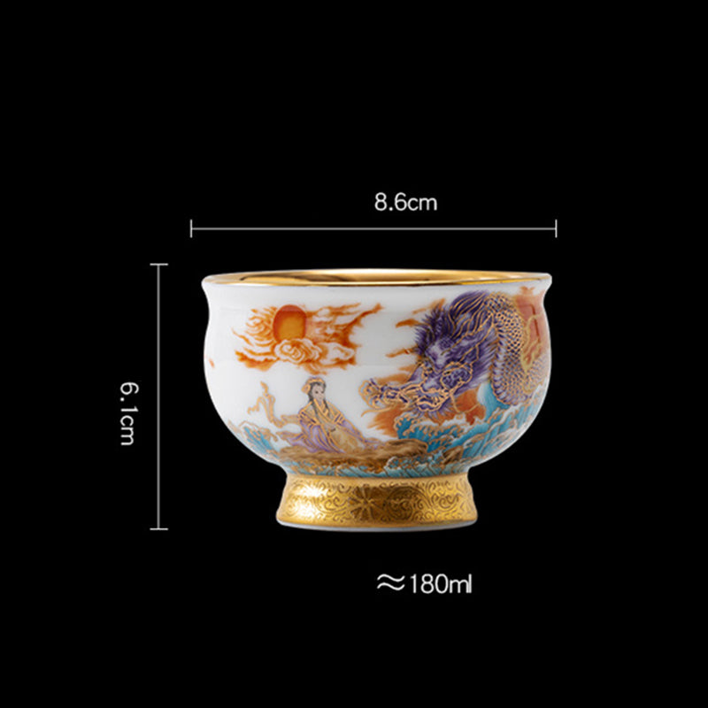 Service à thé en céramique dorée avec motif Aigle royal et Dragon de bon augure et coffret cadeau