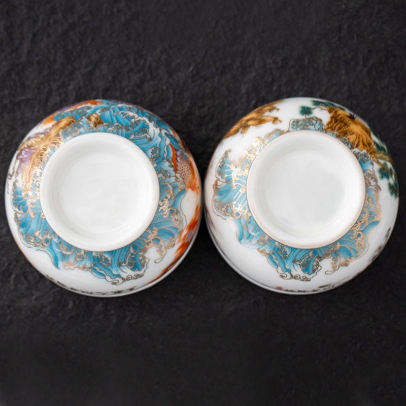 Service à thé en céramique dorée avec motif Aigle royal et Dragon de bon augure et coffret cadeau