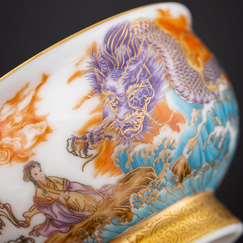 Service à thé en céramique dorée avec motif Aigle royal et Dragon de bon augure et coffret cadeau