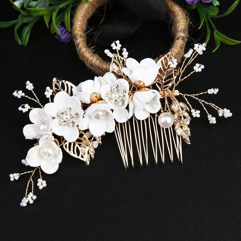 Ensemble d'épingles à cheveux chinoises en perles et feuilles dorées - 4 peignes élégants