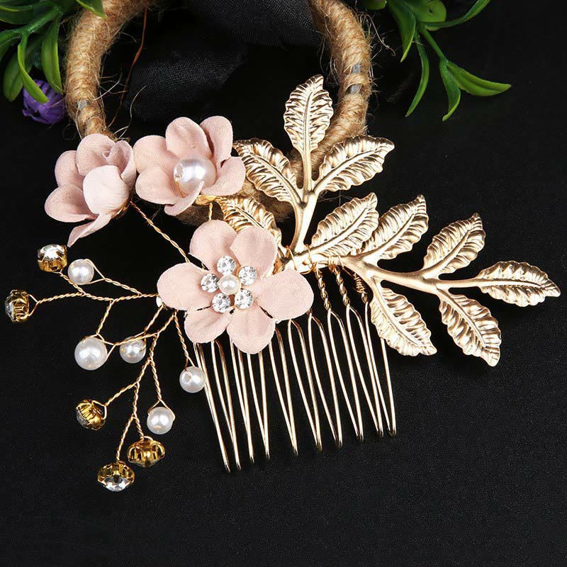 Ensemble d'épingles à cheveux chinoises en perles et feuilles dorées - 4 peignes élégants