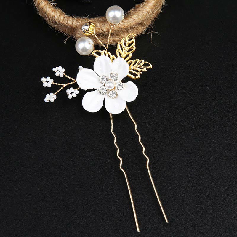 Ensemble d'épingles à cheveux chinoises en perles et feuilles dorées - 4 peignes élégants