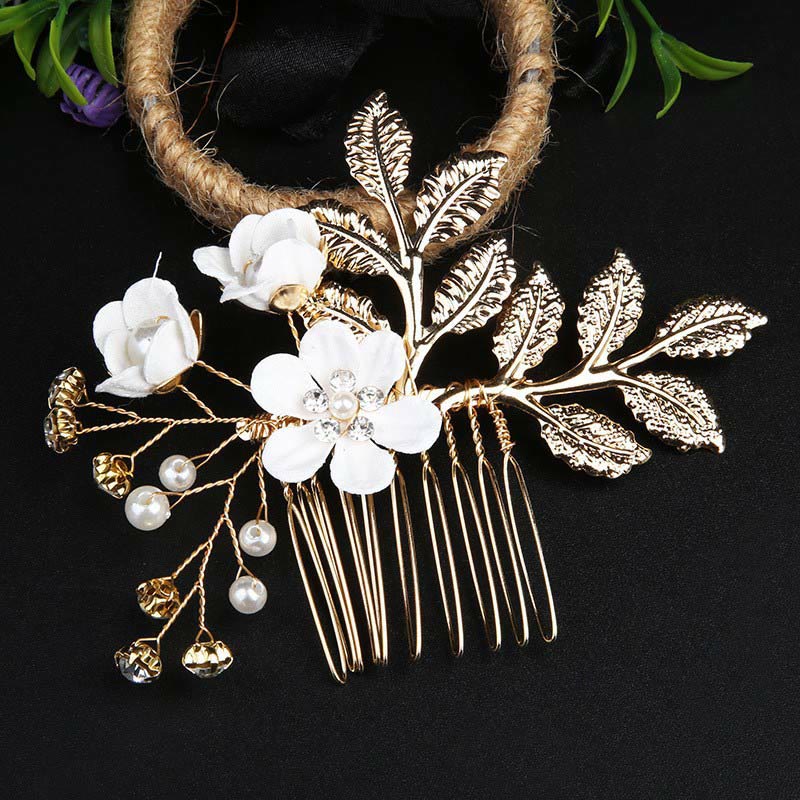 Ensemble d'épingles à cheveux chinoises en perles et feuilles dorées - 4 peignes élégants
