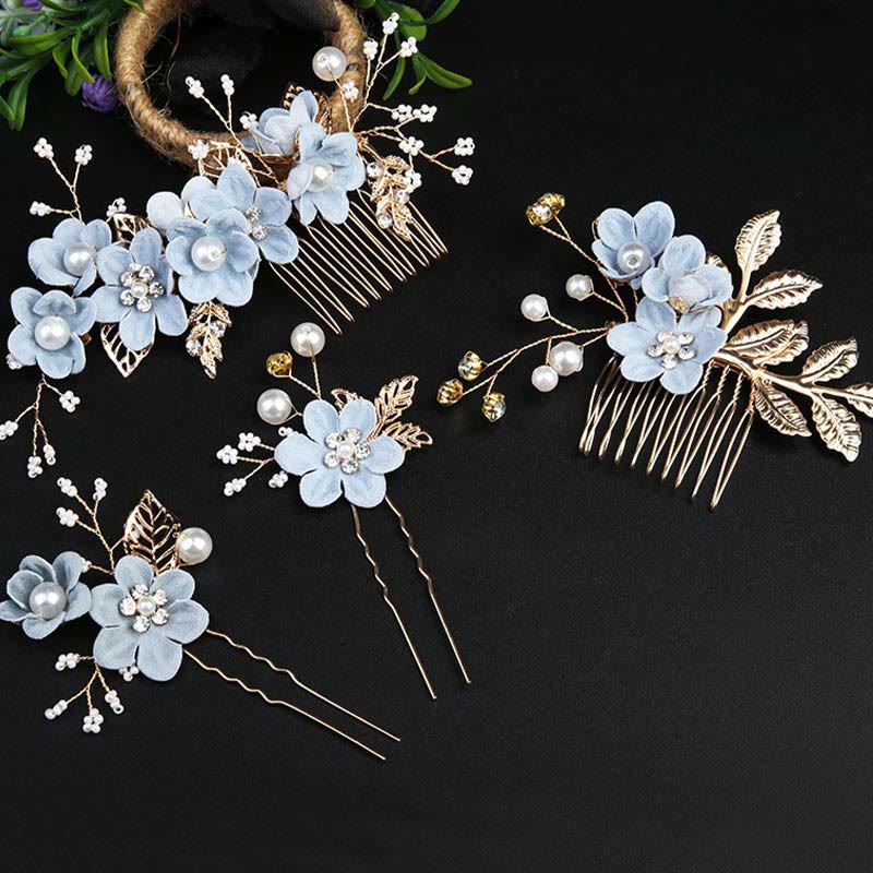 Ensemble d'épingles à cheveux chinoises en perles et feuilles dorées - 4 peignes élégants