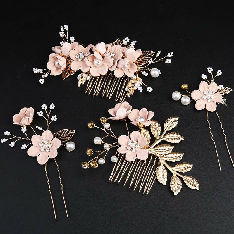 Ensemble d'épingles à cheveux chinoises en perles et feuilles dorées - 4 peignes élégants