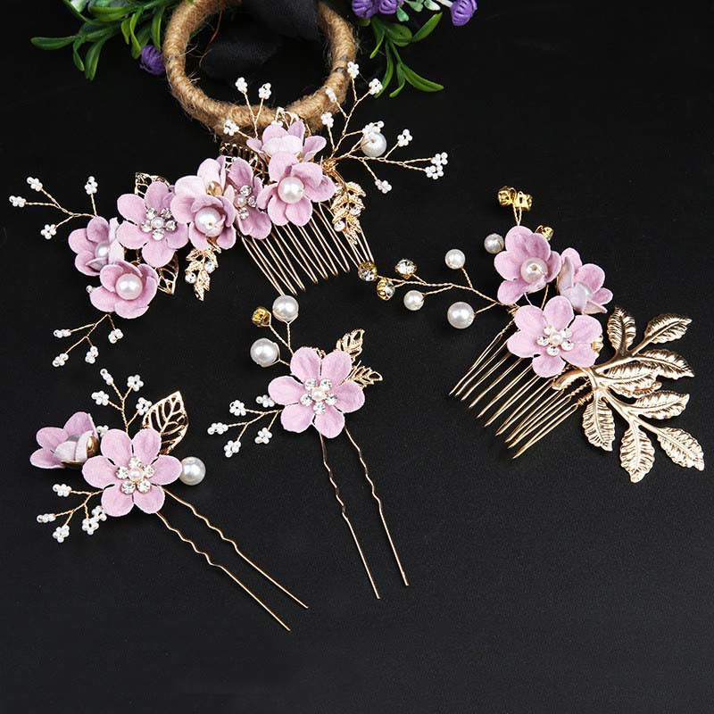 Ensemble d'épingles à cheveux chinoises en perles et feuilles dorées - 4 peignes élégants