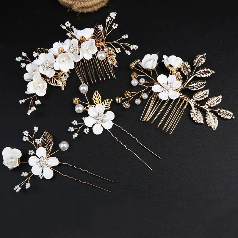 Ensemble d'épingles à cheveux chinoises en perles et feuilles dorées - 4 peignes élégants