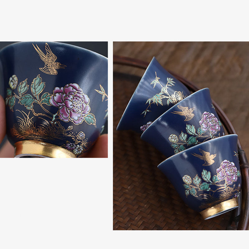 Tasse à thé en céramique à motif de pie dorée et de pivoine pour le thé Kung Fu