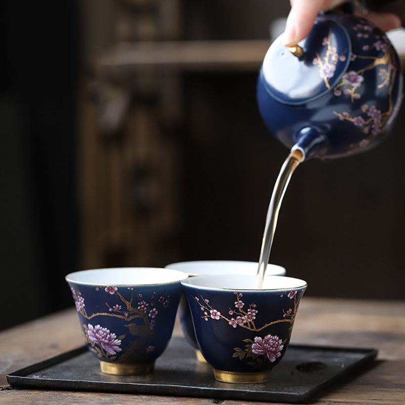 Tasse à thé en céramique à motif de pie dorée et de pivoine pour le thé Kung Fu