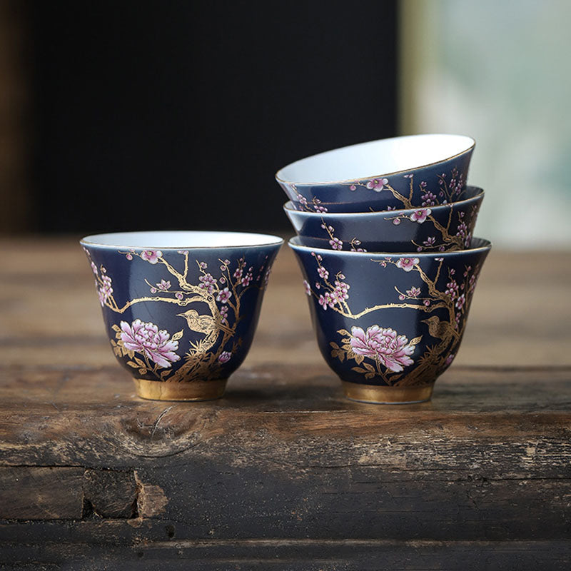 Tasse à thé en céramique à motif de pie dorée et de pivoine pour le thé Kung Fu