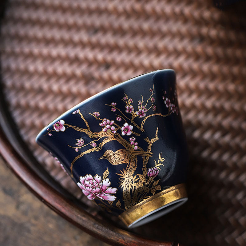 Tasse à thé en céramique à motif de pie dorée et de pivoine pour le thé Kung Fu