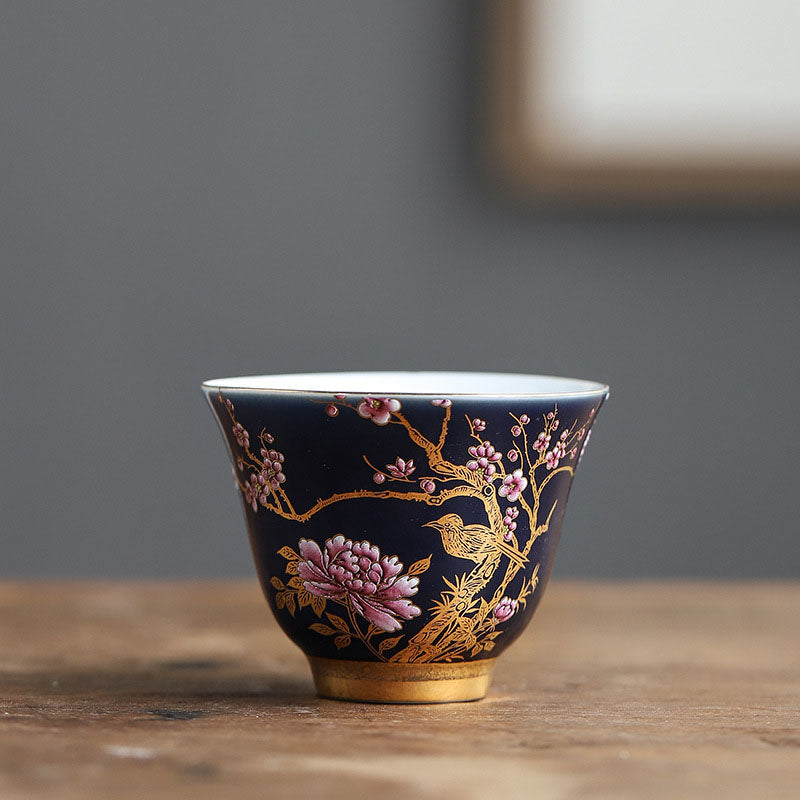 Tasse à thé en céramique à motif de pie dorée et de pivoine pour le thé Kung Fu