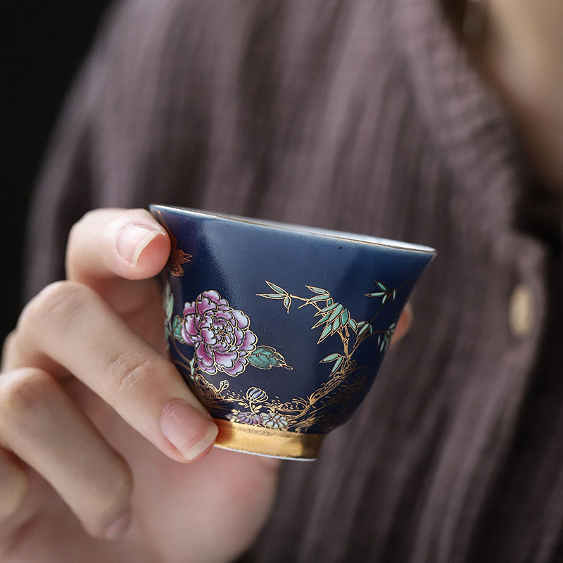 Tasse à thé en céramique à motif de pie dorée et de pivoine pour le thé Kung Fu