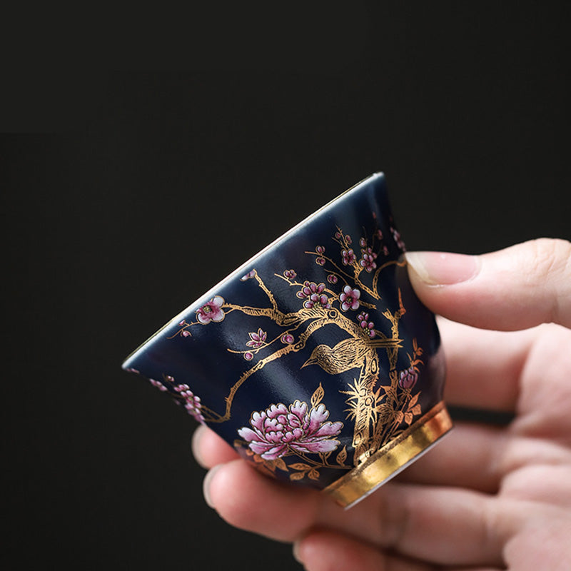 Tasse à thé en céramique à motif de pie dorée et de pivoine pour le thé Kung Fu